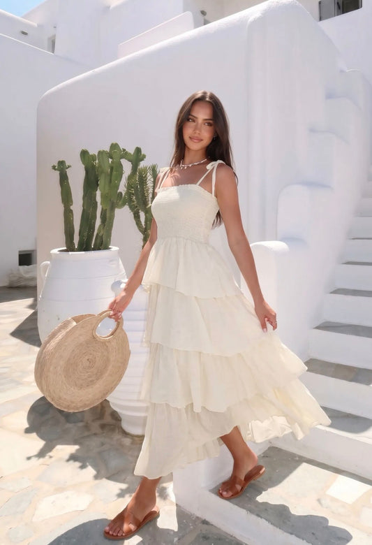 Kleid Lang Creme Weiß