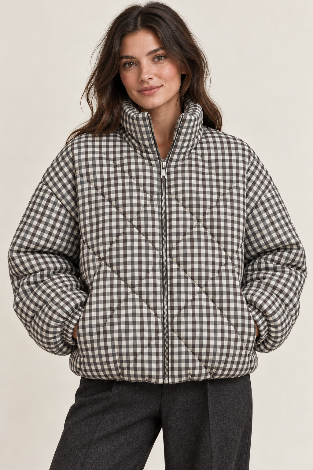 Steppjacke mit Vichy-Karo – Braungrau/Offwhite
