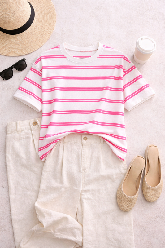 Sweatshirt Kurzarm Neon Pink Weiß