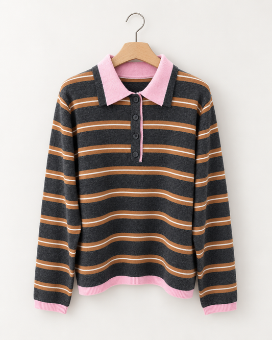 Pullover Polokragen Streifen Rosa Camel Grau