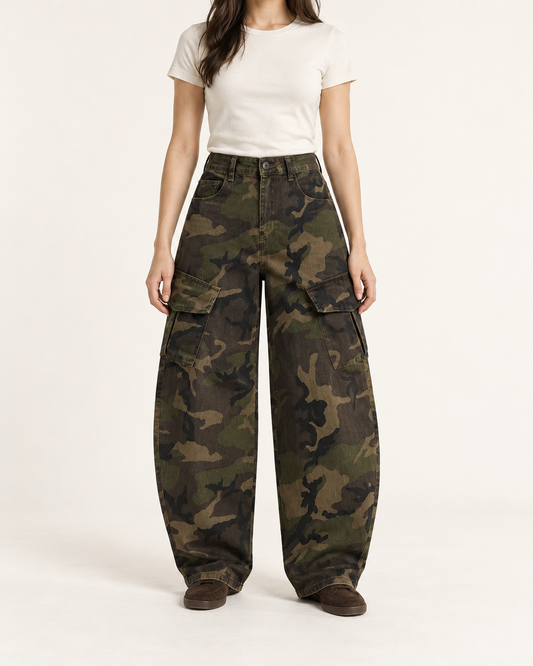 Ballon Cargohose mit Camouflage Muster Olive