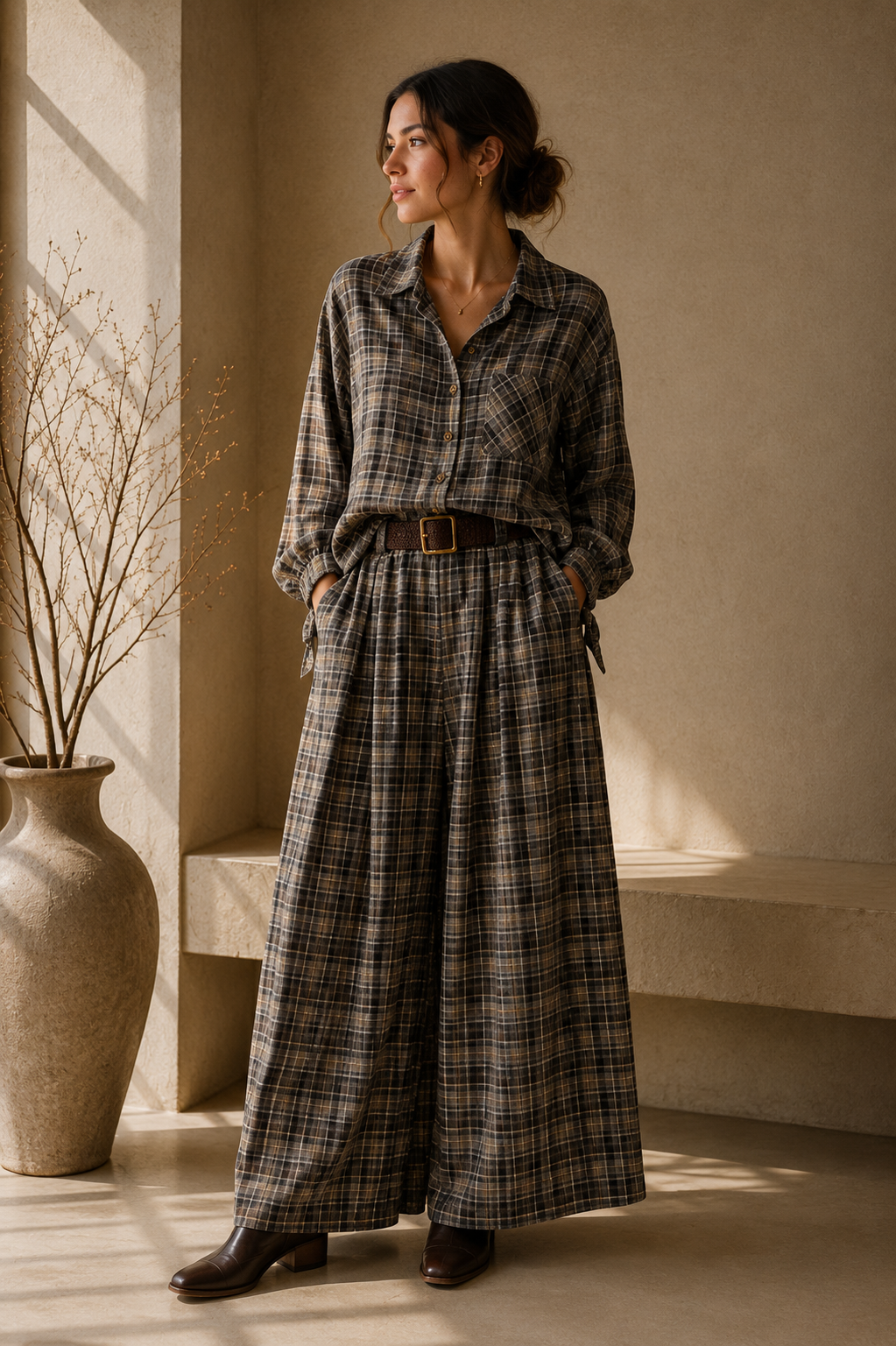 Hose Wide Leg Karo mit Gürtel