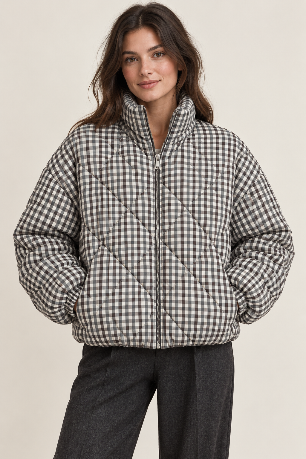 Steppjacke mit Vichy-Karo – Braungrau/Offwhite