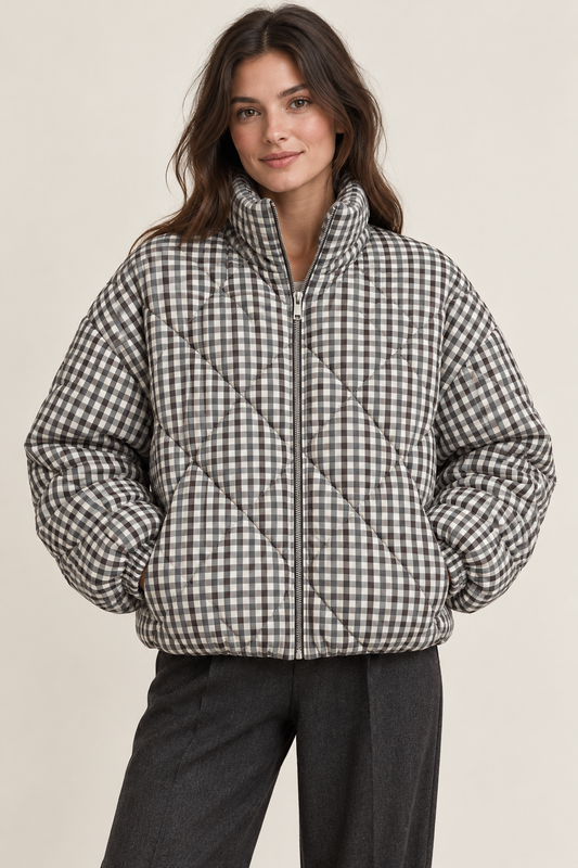 Steppjacke mit Vichy-Karo – Braungrau/Offwhite