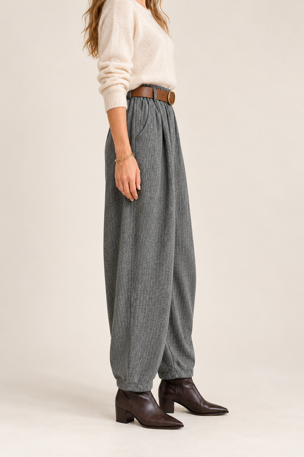 Barrel-Hose mit Gürtel – Grau Mélange