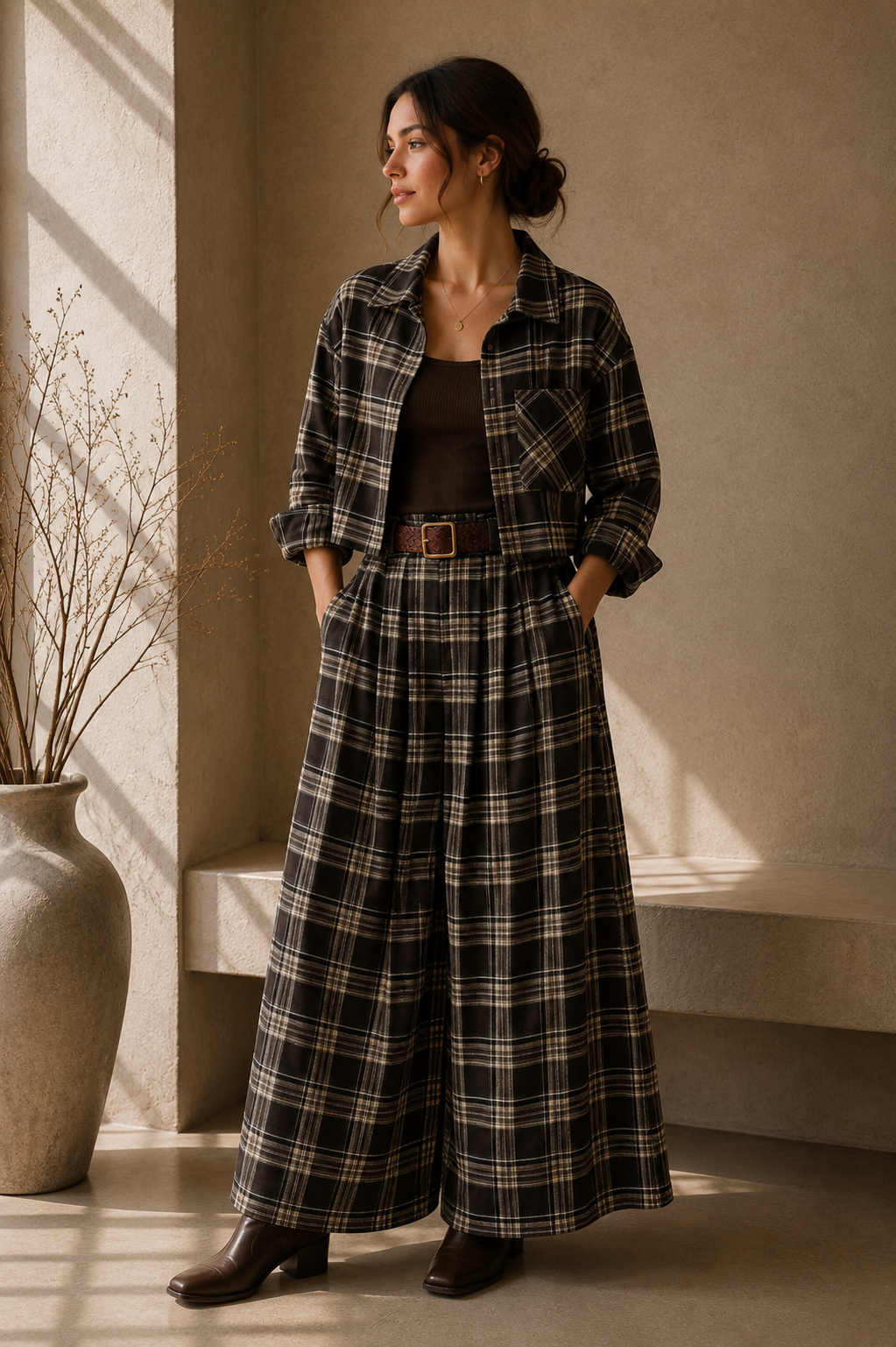Hose Wide Leg Karo mit Gürtel