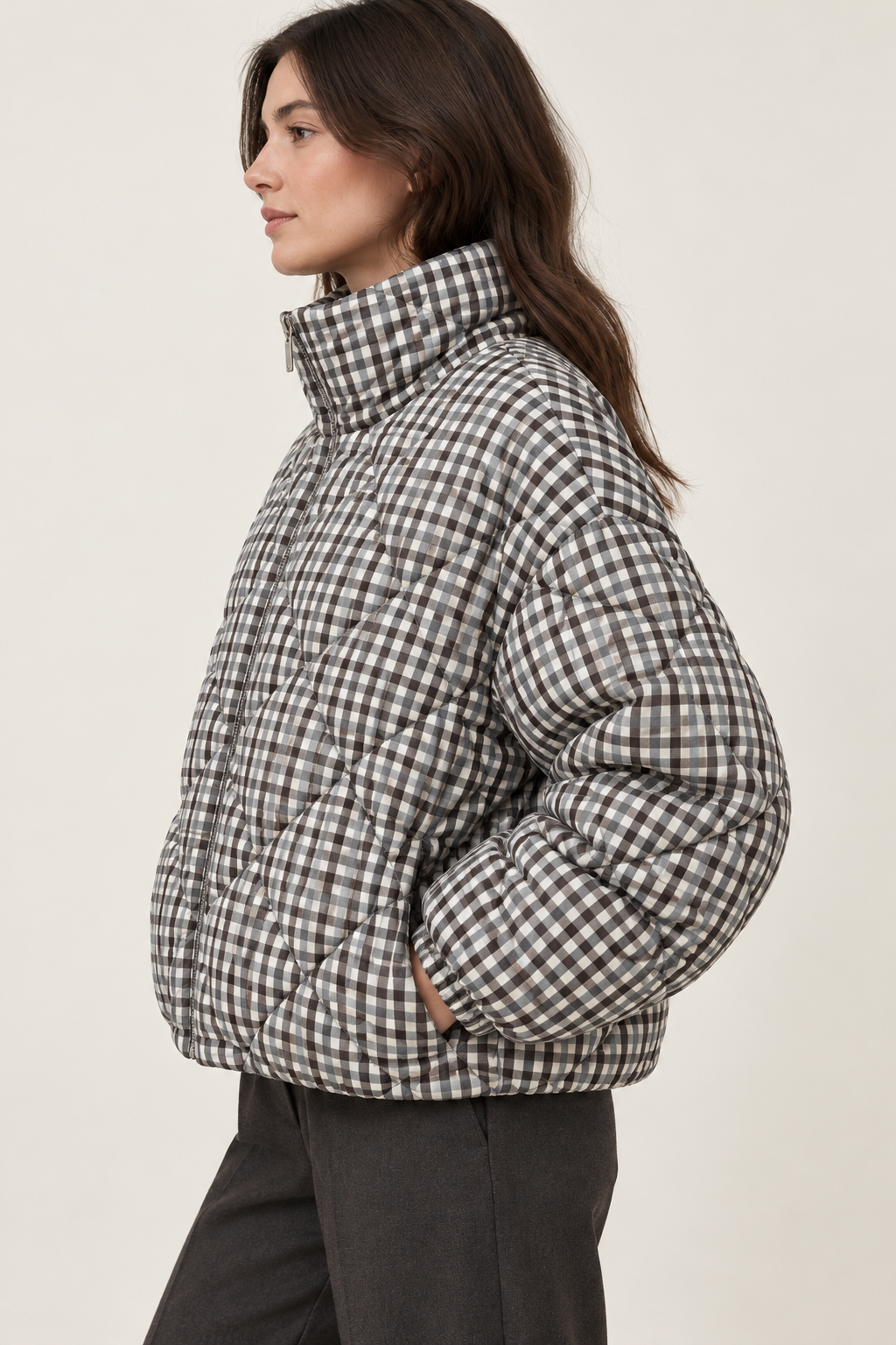 Steppjacke mit Vichy-Karo – Braungrau/Offwhite