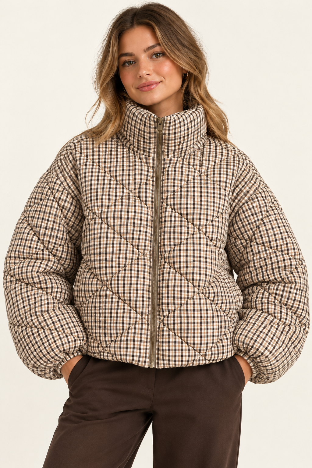 Steppjacke mit Vichy-Karo – Beige/Braun