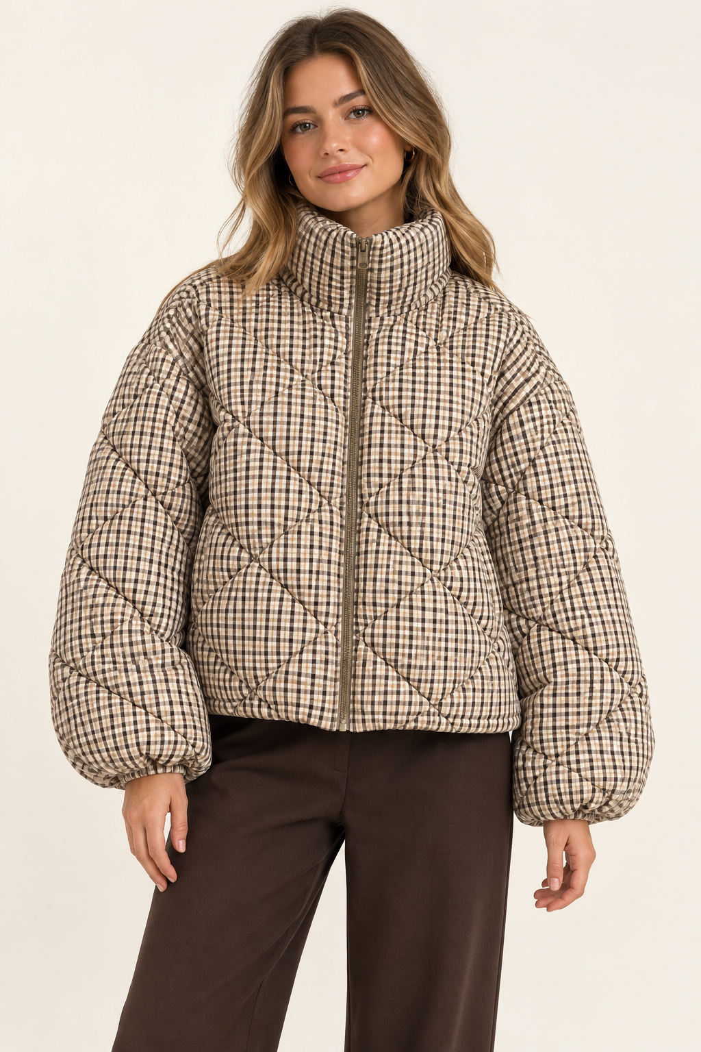 Steppjacke mit Vichy-Karo – Beige/Braun