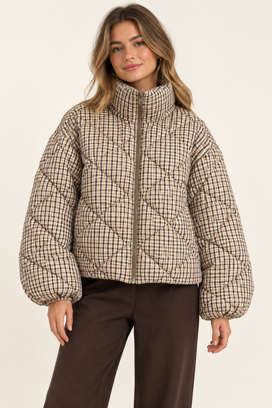 Steppjacke mit Vichy-Karo – Beige/Braun