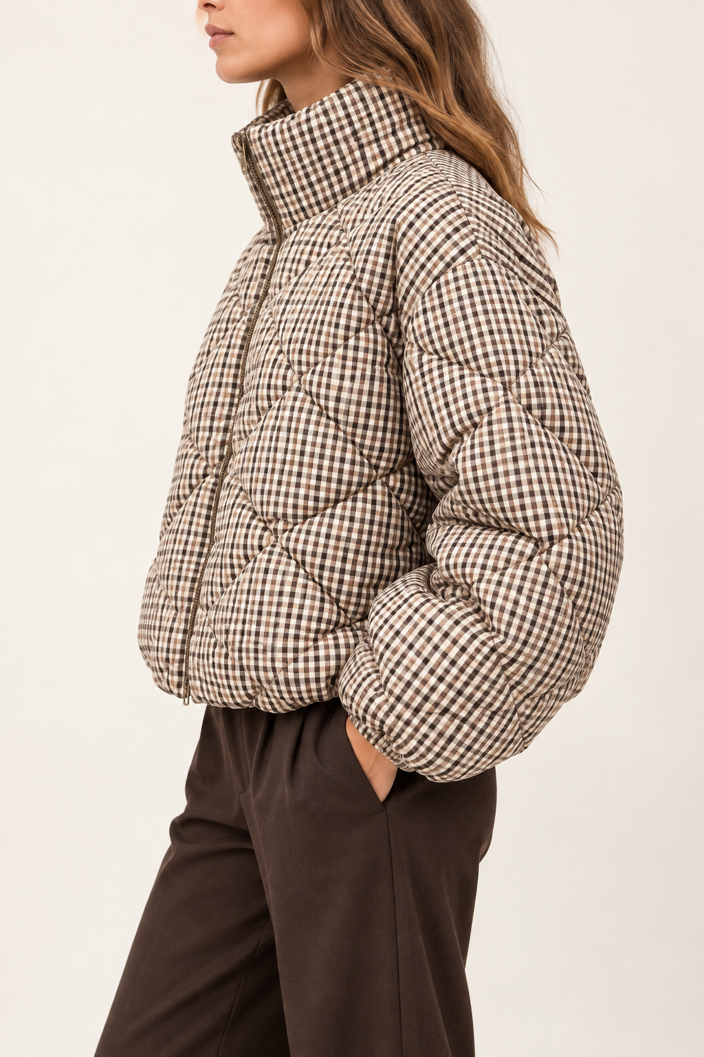 Steppjacke mit Vichy-Karo – Beige/Braun