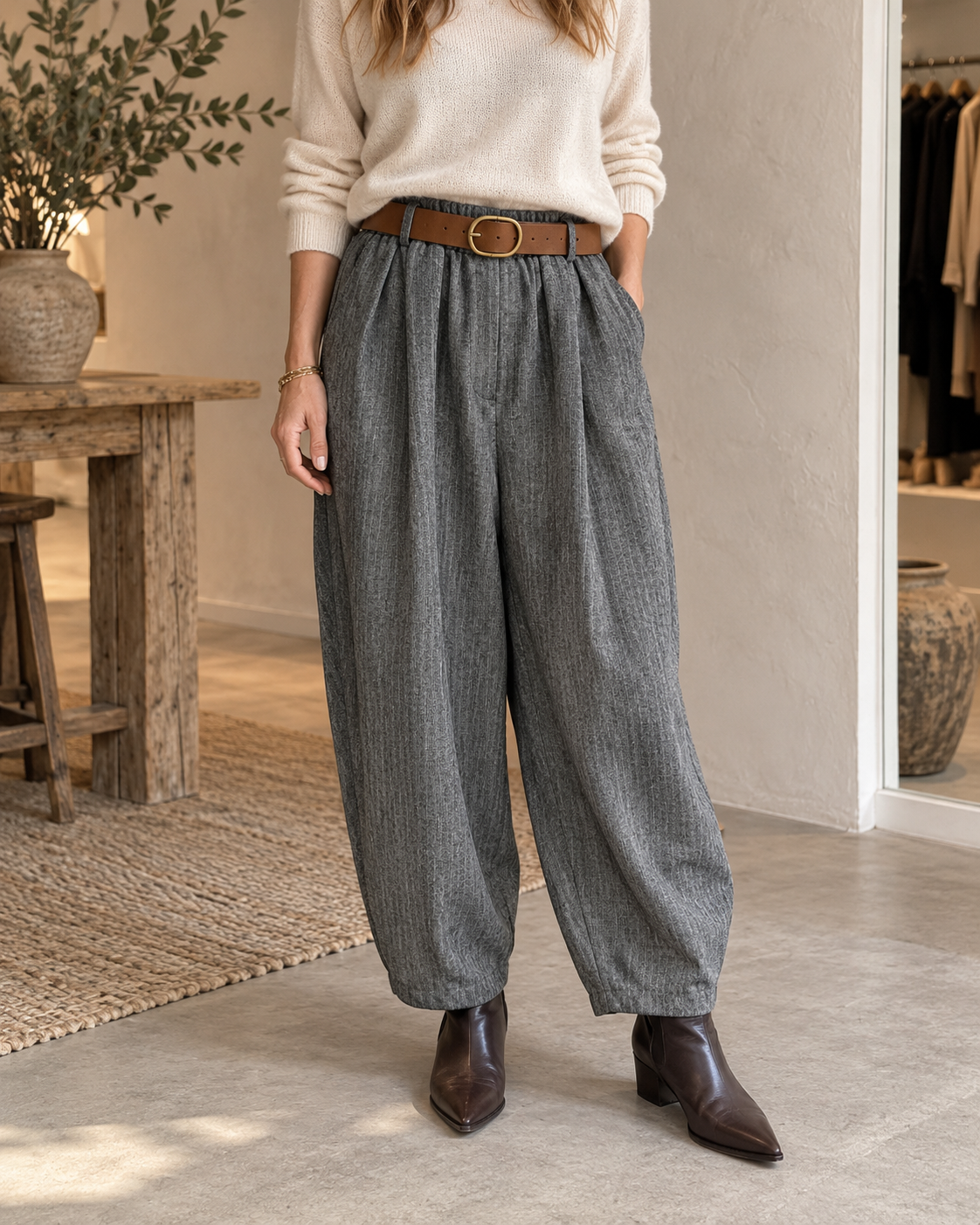 Barrel-Hose mit Gürtel – Grau Mélange