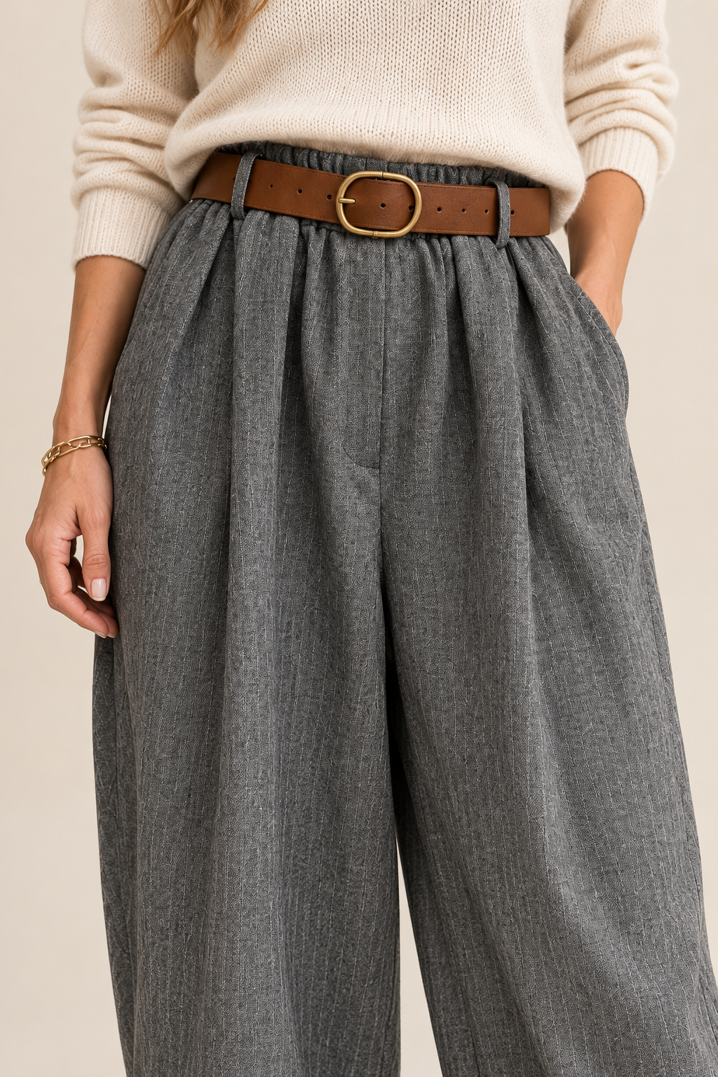 Barrel-Hose mit Gürtel – Grau Mélange
