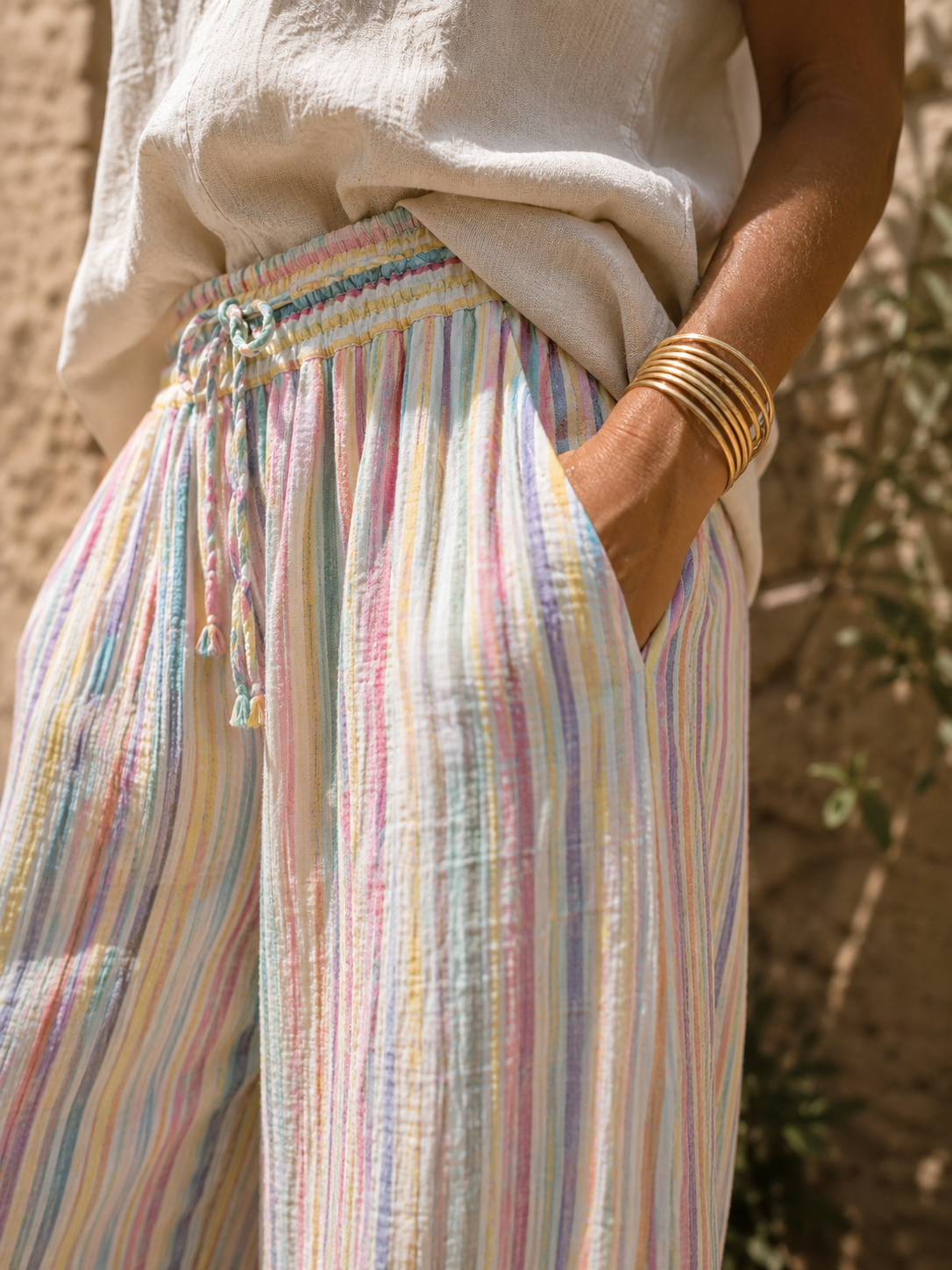 Musselin Hose Streifen Pastell