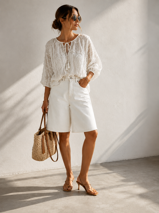 Bluse Blumen Weiß
